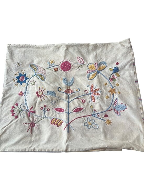 None Other - Ikea Embroidered Pillowcase With Floral & Bird Design On Cream Cotton Fabric